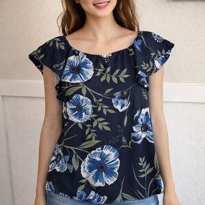 Les Amis Navy Floral Ruffle Off-Shoulder Blouse – Size Small